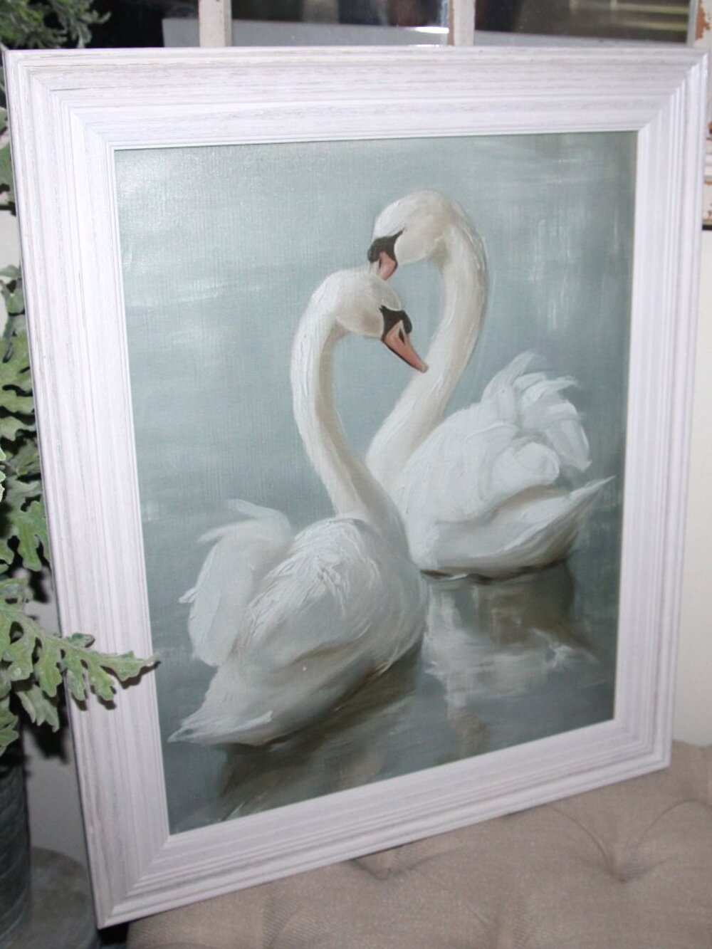 LARGE Sweet Shabby French Country White Swans on Water Framed Wall Decor Picture